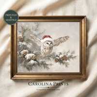 Vintage Christmas Owl Wall Art, Santa Owl Painting, Winter Woodland Holiday Decor Print Poster