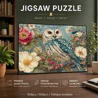 Snowy Owl Floral Jigsaw Puzzle, Vintage Botanical Portrait, Gift for Bird Lovers