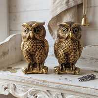 Gold Ceramic Great Horned Owl Figurines Set of 2, Vintage Lenwile Ardalt Japan Hand Painted Owls, MC