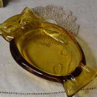 Vintage Viking Glass Owl Ash Tray / Amber Glass Owl Dish