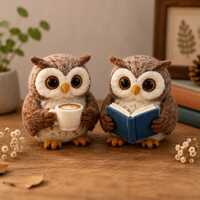 Wool Felt Owl Figurine Set, Reading Book & Coffee Cup Owl, Handmade Needle Felt Owl, Cottagecore