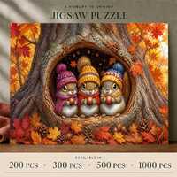 Autumn Owl Trio Jigsaw Puzzle, Cozy Tree Hollow Scene, Gift for Owl Lovers