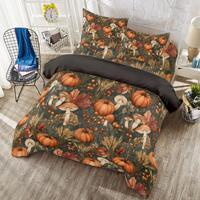 Woodland Owl Autumn Duvet Cover Set – Forest Mushrooms, Pumpkins, Leaves (4-Piece Bedding)