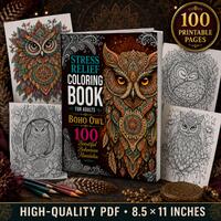 Boho Owl Mandala Coloring Book for Adults, 100 Printable Pages (PDF)