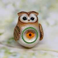 Mini owl with glass belly and flower polymer clay handmade figurine