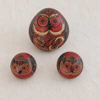 Set of  Vintage Peruvian Red Owl Gourd Ornament &ndash; Hand-Carved Pyrography Folk Art &ndash; Trad