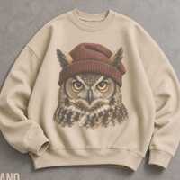 Retro Great Horned Owl Wearing Beanie Sweatshirt, Vintage Owl Crewneck, Birdwatching Gift, Wildlife