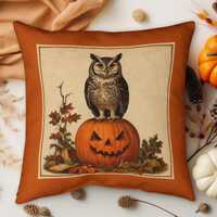 Vintage Owl Halloween Pillow Cover, Jack O Lantern Fall Throw Pillow, Faux Linen Cottage Autumn Deco