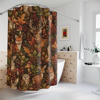 Woodland Fox Deer Owl Pattern Shower Curtain | Autumn Forest Animals