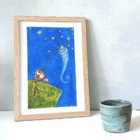 owl art print, baby room wall, catching stars, star fishing print, wish upon a star,yellow stars,A4 