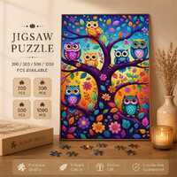 Colorful Owl Tree Jigsaw Puzzle, Whimsical Floral Bird Puzzle, Bright Folk Art Nature Puzzle, Cute W