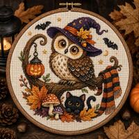 Modern Witch Owl Cross Stitch Pattern, Halloween Home Decor (PDF Download)