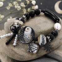 Owl Wisdom by Moonlight Bracelet-Artisan Mixed Media Stretch Mystical Bracelet-Boho Charm Bracelet-
