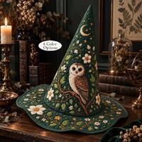 Quilted Witch Hat, Halloween Patchwork Cottagecore Decor, Owl Medieval Fall Witch Costume, Fantasy H