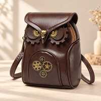 Steampunk Owl Crossbody Bag, Brown Faux Leather Gothic Purse with Gear Accents