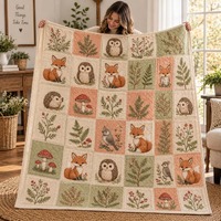 Woodland Animal Blanket, Quilt Style Fox Owl Hedgehog Throw, Cottagecore Forest Bedding, Cozy Nature