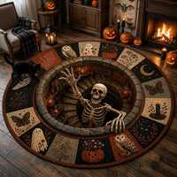 Patchwork Ghost Owl Black Cat Halloween Rug, Round Quilted Rug, Witchy Pumpkin Floor Decor, Gothic S