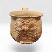 Handmade Studio Pottery High Relief Owl Mug Rustic Stoneware Cream Brown Cup