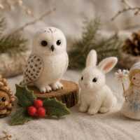Needle Felted Winter Wonderland Set, Miniature Wool Snow Owl and Bunny, Christmas Angel, Pinecone He