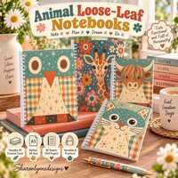 Animal Notebook Set of 4, Loose-Leaf Owl Cat Giraffe Highland Cow Designs