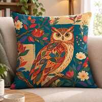 Colorful Floral Owl Stuffed Pillow, Botanical Woodland Bird Cushion with Insert, Teal Maximalist Roo