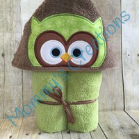 Green Owl Applique Hooded Bath, Beach, Pool Towel, Swim Cover Up 30" x 54" Personalization