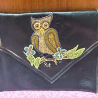 Vintage 1970s Embroidered Owl Black Vinyl Envelope Clutch | Retro Boho Woodland Theme Handbag signed