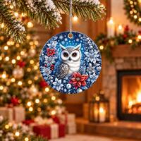 Christmas Owl Ceramic Ornament, Snowy Forest Tree Decoration, Blue Poinsettia Nordic Woodland Decor,