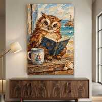 Reading Owl Canvas Print, Coastal Beach House Wall Art, Whimsical Animal with Glasses Decor, Book Lo