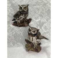 Vintage Homco Ceramic Owl Figurines Set Of 2 Brown & White Realistic Detailing Home Decor