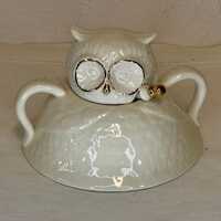 Anthropologie Balducci Wild Masquerade Ceramic Owl Sugar Bowl Gold Trim w/ Spoon