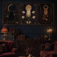 Gothic Animal Prints Set, Celestial Cat Owl Fox, Dark Academia Decor (Digital Download)