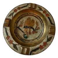 Vintage Brass Owl Ashtray Enamel Floral Double Owls 5.5" Decorative Catchall