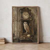 Owl Wall Art Vintage Autumn Decor, Barn Owl Canvas Print, Antique Clock Poster, Rustic Farmhouse Fal
