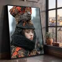 Mysterious Woman with Owl Hat, Detailed Costume Canvas, Unique Portrait Wall Art, Fantasy Character 