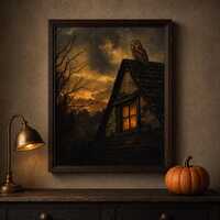 Owl Cottage Printable, Vintage Halloween Wall Art, Moody Woodland Decor, Digital Download