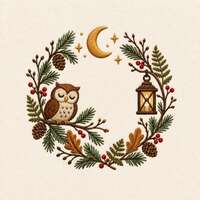 Christmas Owl Wreath Embroidery Design, Woodland Owl Crescent Moon Lantern, Winter Botanical Machine