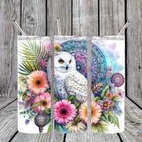 Snowy Owl Tumbler Wrap PNG | Boho Floral Owl Sublimation Design | Pink Flowers Mandala 20oz Skinny T