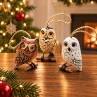 Wooden Owl Ornament Set, Hand Carved Hanging Owl Decor, Rustic Bird Christmas Tree Ornament, Hallowe