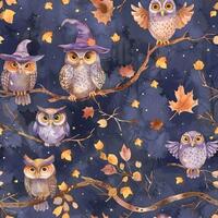 Halloween Owl Witch Hat Cotton Fabric - 100% Cotton - Continuous Cuts - Fall Autumn Night Owl Print 