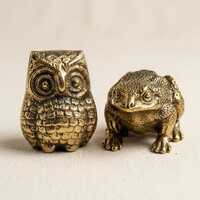 Brass Owl and Frog Figurine Set, Golden Brass Animal Sculptures, Owl Frog Home Decor, Shelf Desk Dec