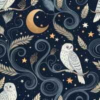 Snowy‑Owl Cotton Fabric By Half Yard | Night Sky Moon Print | 55" Wide | DIY Sewing, Quilting