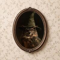 Owl Wearing Witch Hat Oil Painting, Dark Academia Halloween Wall Art, Fine Art Print Digital Downloa