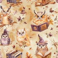 Fall Owl Book Wizard Hat Maple Leaf Fabric Woodland Halloween Seasonal Botanical Fabric, fabric by h