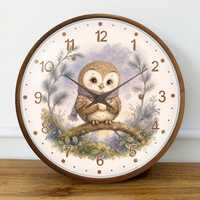 Moon Owl Illustrated Wall Clock, Round Wooden Clock For A Forest Theme Bedroom, Hook Included, Easy 