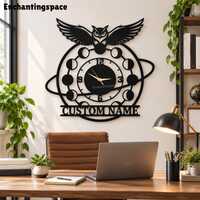 Flying Owl Metal Wall Clock, Celestial Moon Phase Steel Hanging, Personalized Nocturnal Bird Sign, B