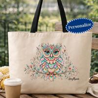 Personalized Owl Zippered Tote Bag, Colorful Floral Owl Tote, Owl Lover Gift, Boho Owl Bag, Bird Lov