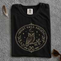 Night Owls Society T-Shirt, Vintage Celestial Owl, Dark Academia Faux Gold Print (100% Cotton)
