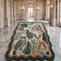 Hand-Tufted Owl Deer Jungle Rug, Forest Animal Area Carpet, Scalloped Border