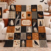 Vintage Spooky Flannel Blanket,Patchwork Ghost Owl Black Cat Pumpkin Crow Moth Designs,Fall Cottagec